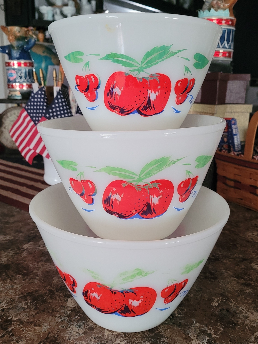 vintage Fire-King "Apples and Cherries" Milk Glass mixing bowls. Set Of 3.